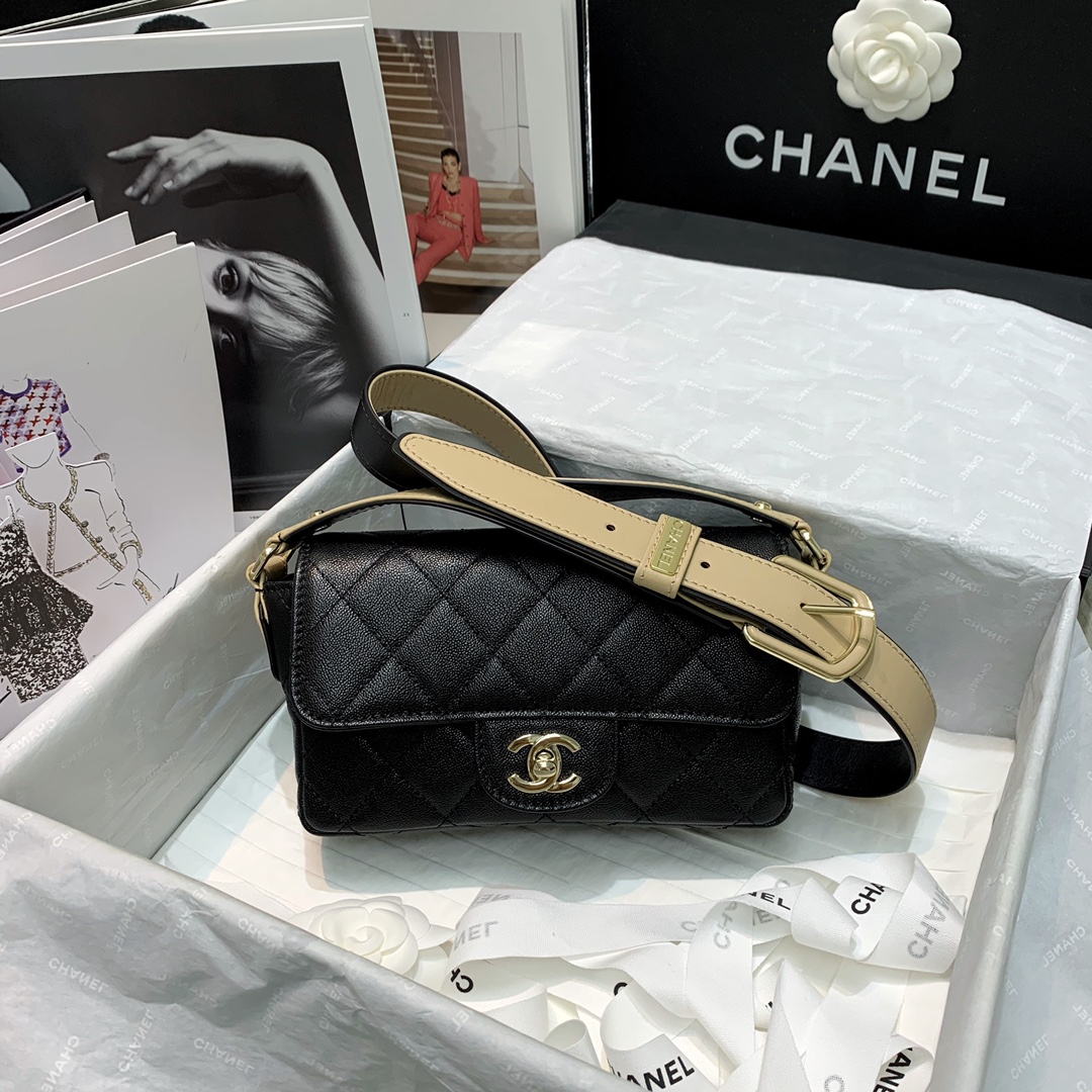 Ch**el calfskin flap bag black as2273 20cm