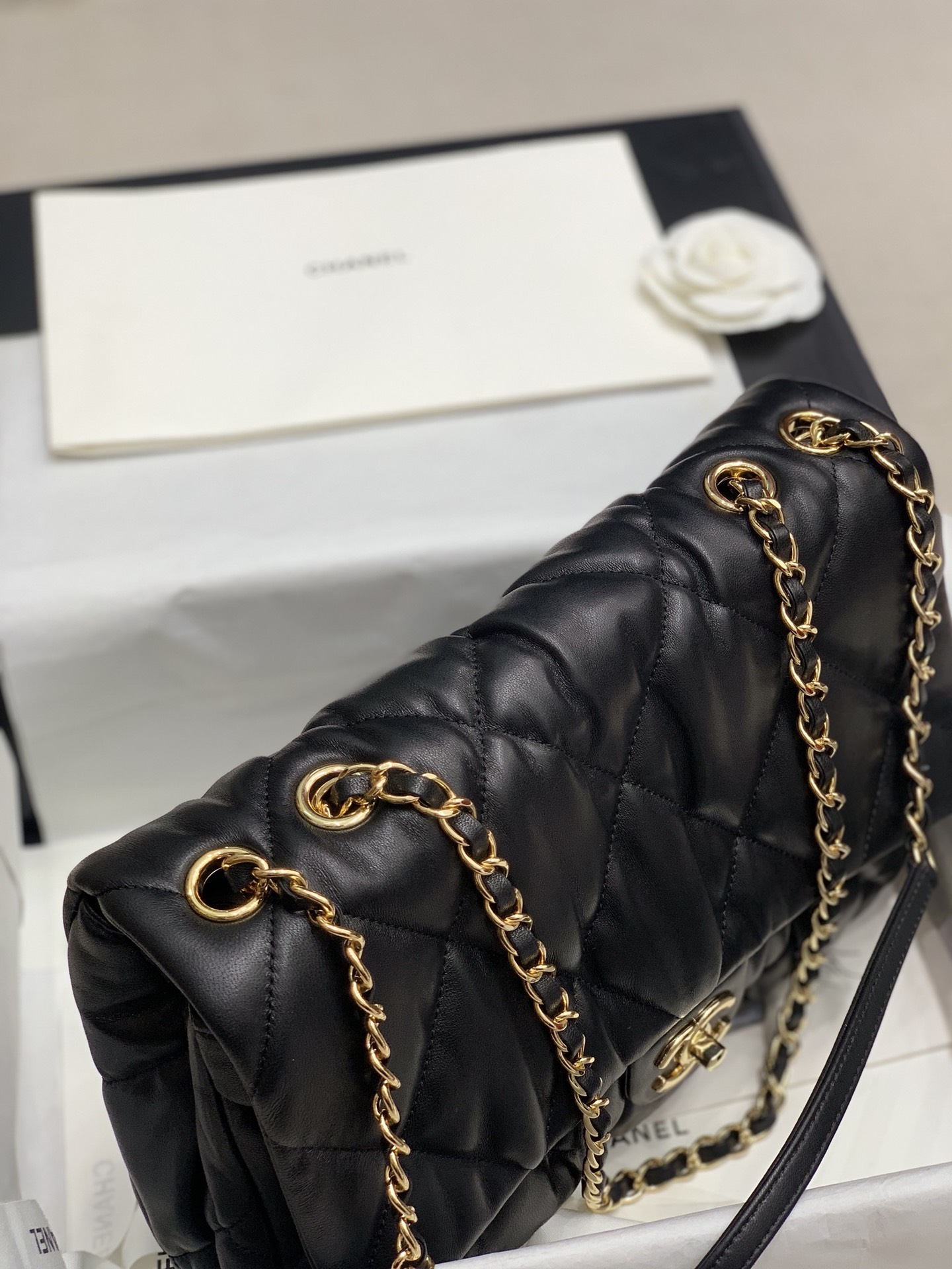 Ch**el large calfskin bubbly flap bag black as2234 29.5 x 20 x 12.5 cm