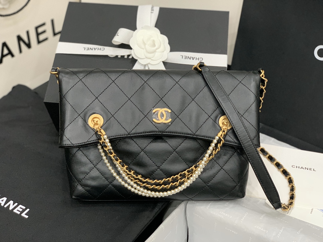 Ch**el calfskin crystal pearls shopping bag black as2213 34 x 25 x 5 cm