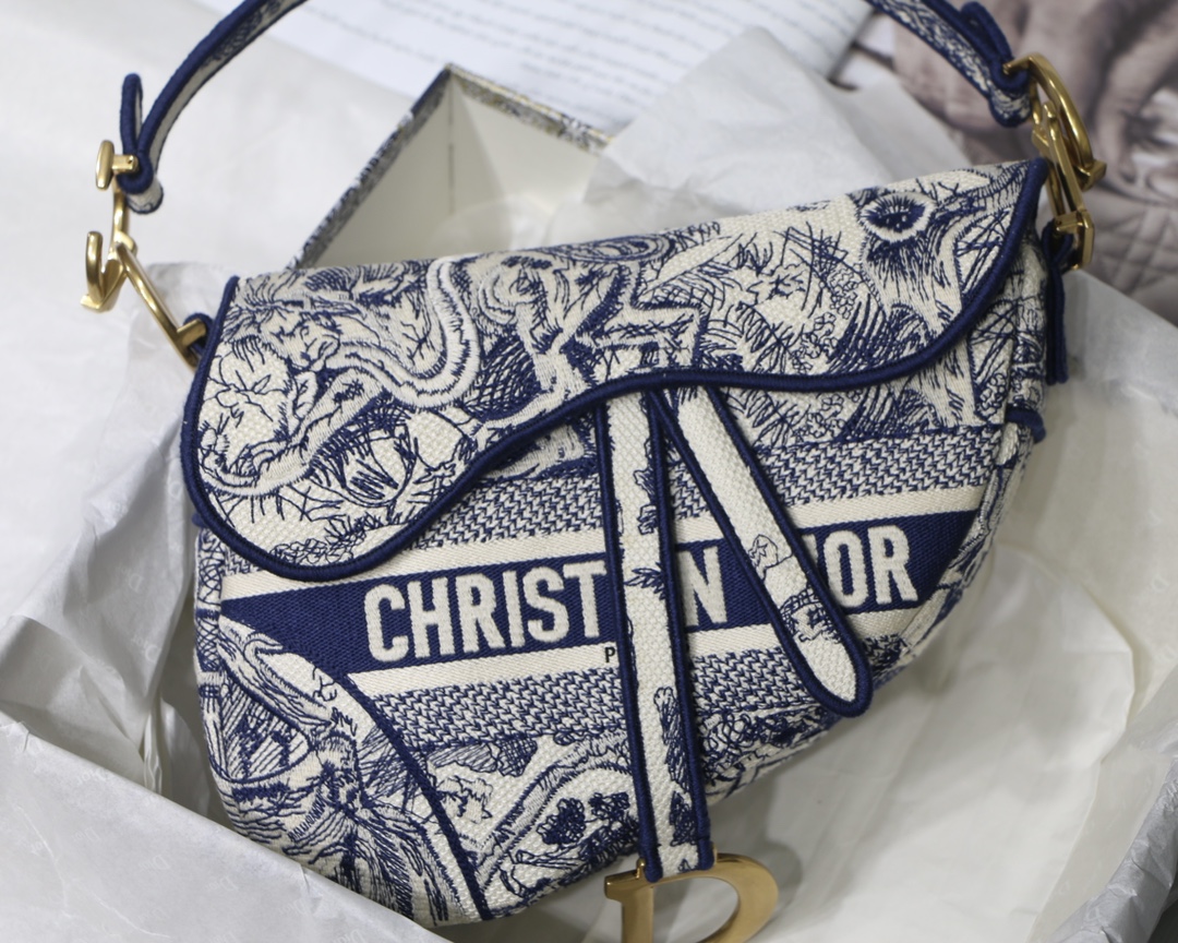 D10r saddle bag blue toile de jouy embroidery m0446 25.5 x 20 x 6.5 cm