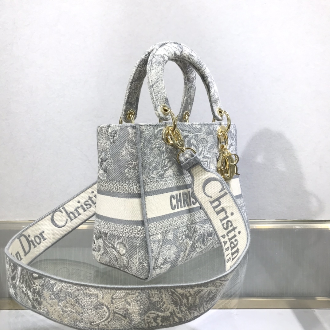 D10r medium lady d-lite bag gray toile de jouy reverse embroidery m0565 23.5 x 20 x 13 cm