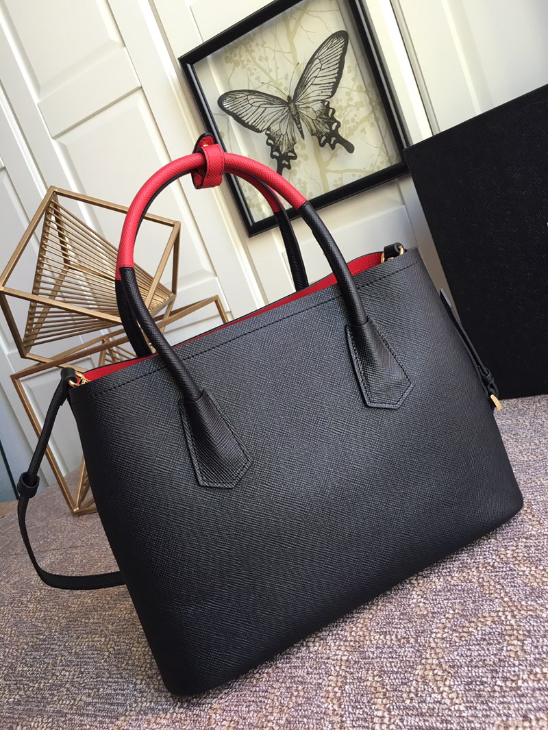 Pra*a medium saffiano leather double Pra*a bag black and red 1bg775 33 x 24.5 x 14 cm