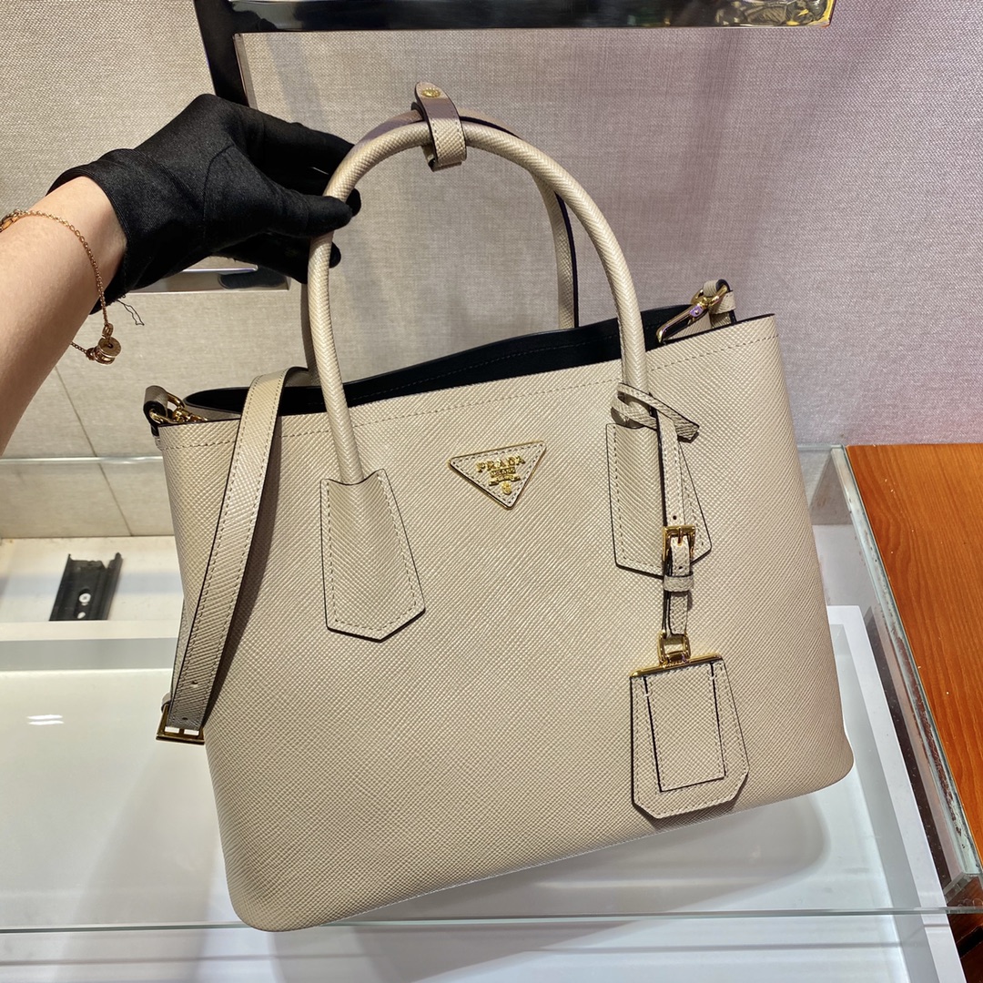 Pra*a medium saffiano leather double Pra*a creme 1bg775 33 x 24.5 x 14 cm