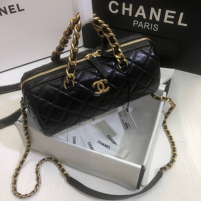 Ch**el extra mini bowling bag in shiny leather black as1899 16 x 22 x 12 cm