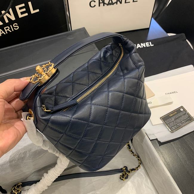 Ch**el small lambskin hobo bag dark blue as1745 15 x 15 x 12 cm
