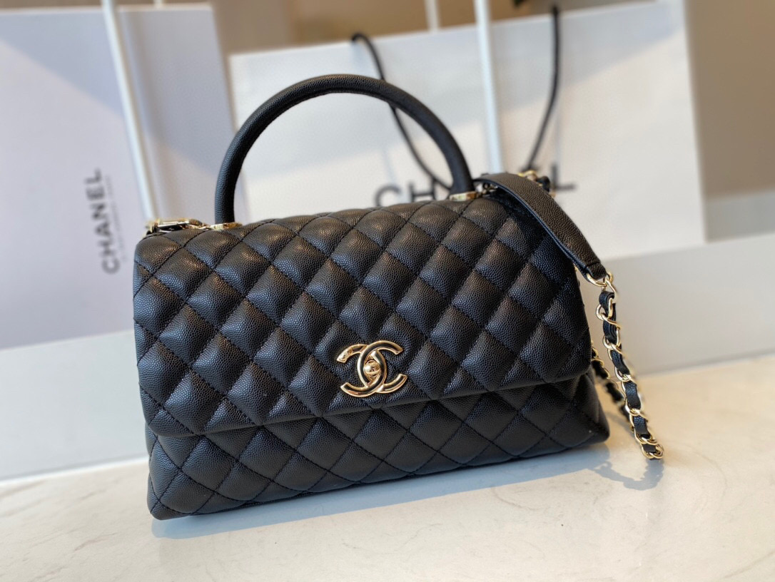 Ch**el small coco handle bag grained leather black a92991 28 cm