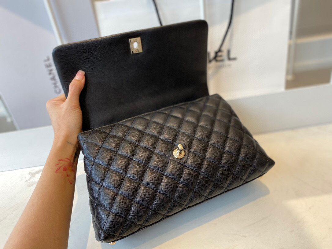 Ch**el small coco handle bag grained leather black a92991 28 cm