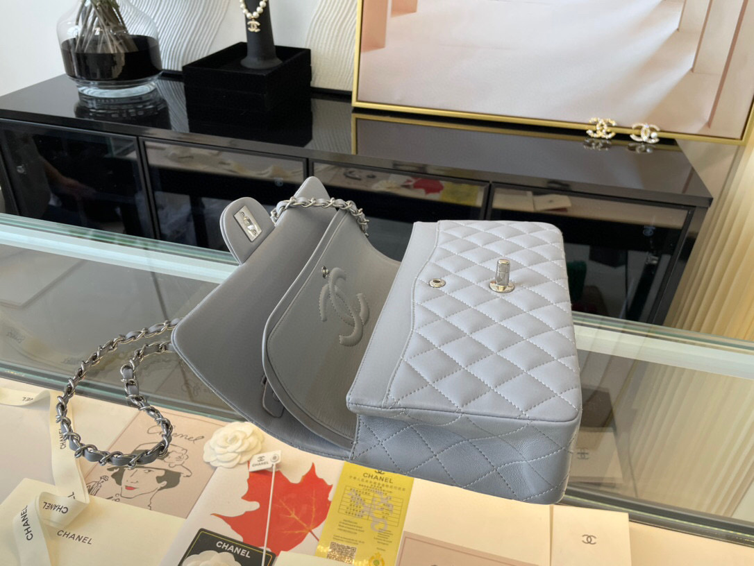 Ch**el classic flap bag grey lambskin sliver chain a01112 25.5cm