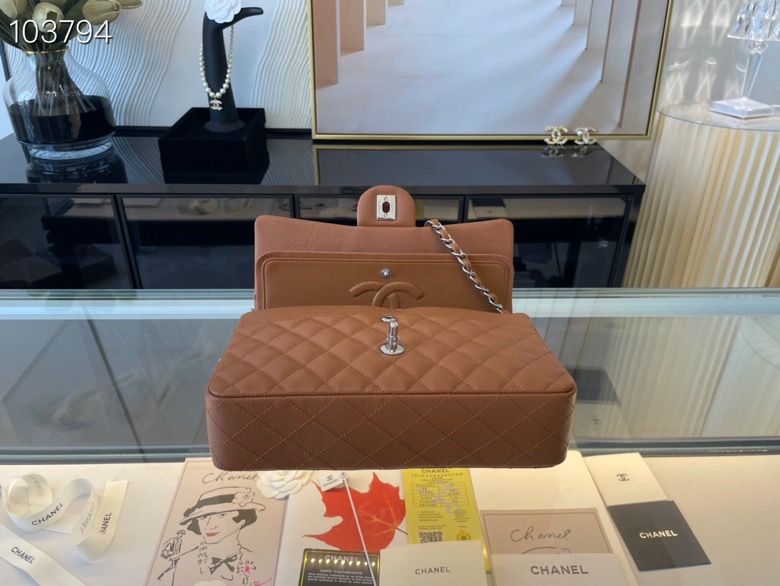 Ch**el classic flap bag brown caviar leather sliver chain a01112 25.5cm