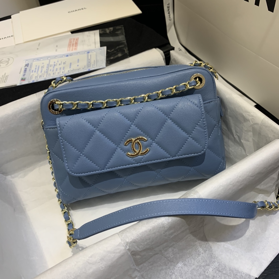 Ch**el camera case with extra clutch grained leather blue as1367 22 x 15 x 6 cm
