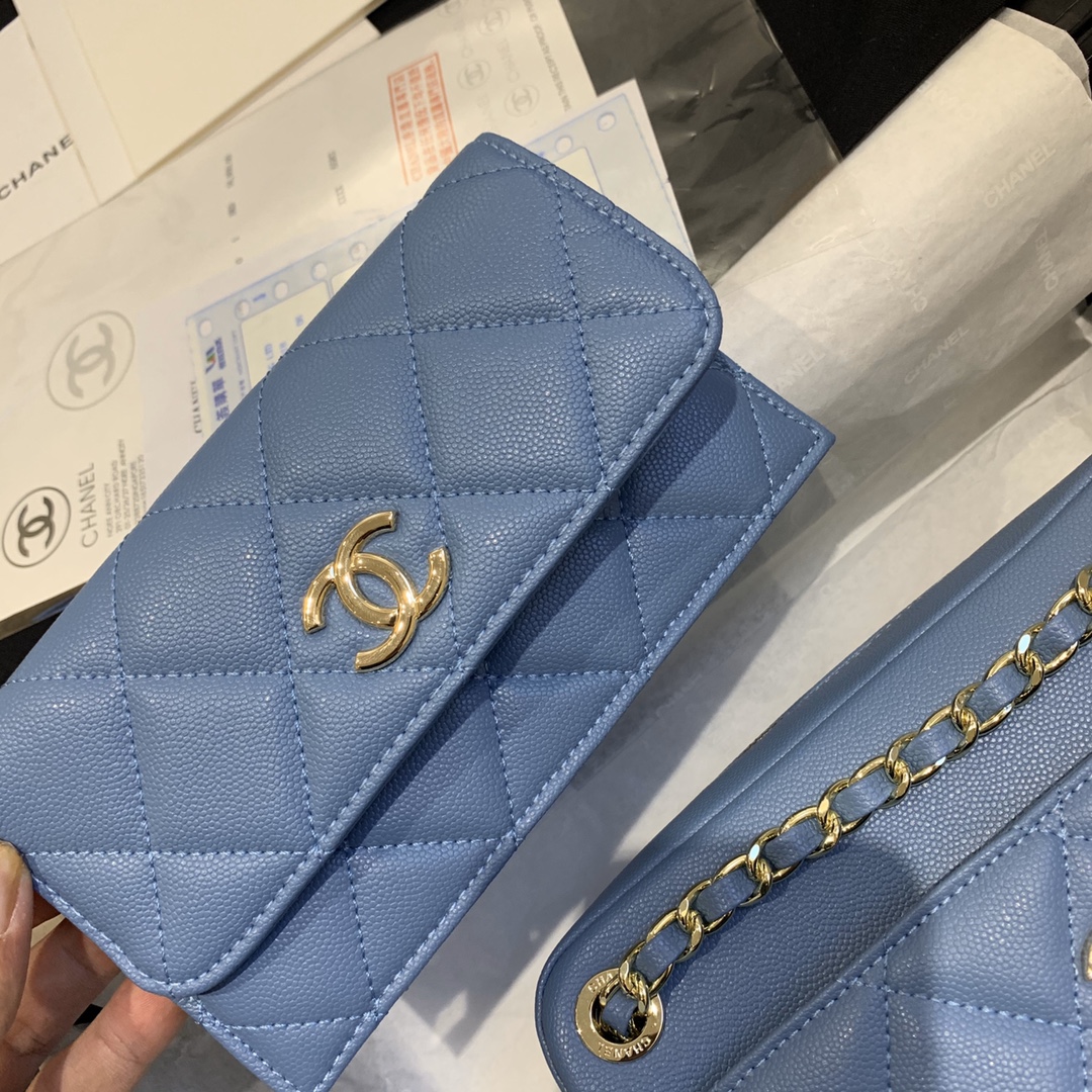 Ch**el camera case with extra clutch grained leather blue as1367 22 x 15 x 6 cm