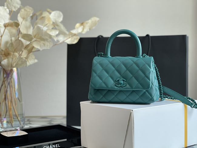 Ch**el mini coco handle grained calfskin cobalt green a92991 24 x 14 x 6.5 cm
