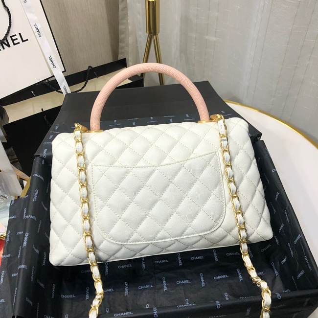 Ch**el small coco grained calfskin with top handle flap bag white a92991 28.5 x 18.25 x 11.75 cm
