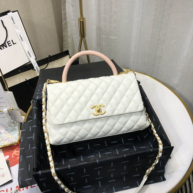 Ch**el small coco grained calfskin with top handle flap bag white a92991 28.5 x 18.25 x 11.75 cm