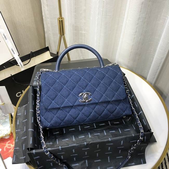 Ch**el small coco grained calfskin with top handle flap bag denim a92991 28.5 x 18.25 x 11.75 cm