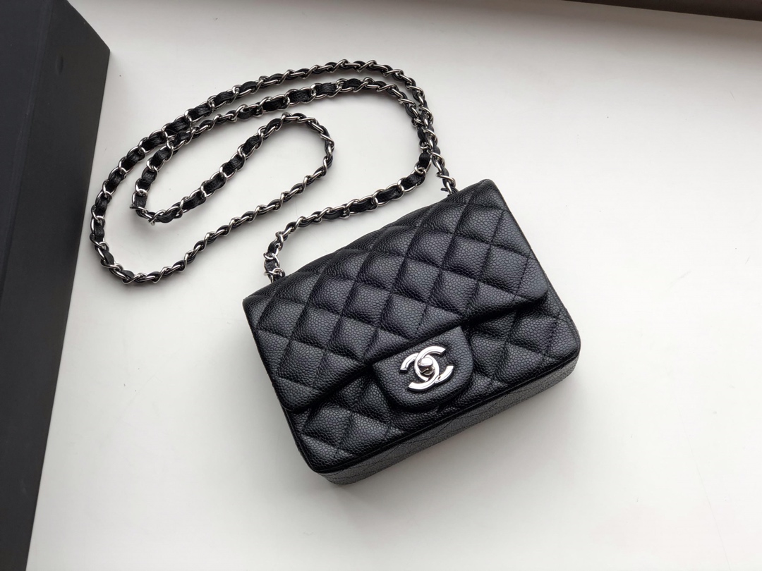 Ch**el mini flap bag caviar silver metal black a35200 17cm