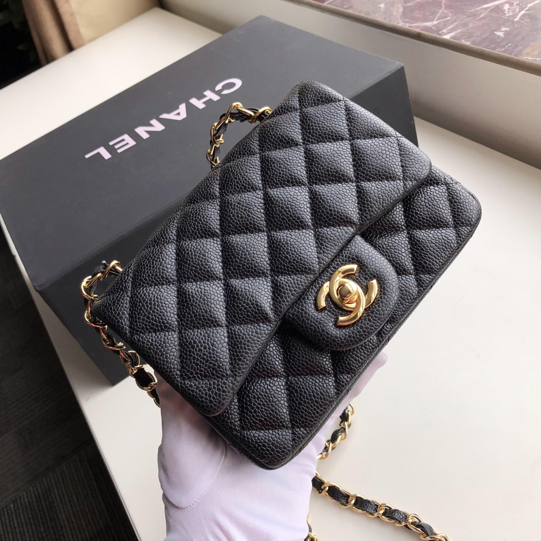 Ch**el mini flap bag caviar golden metal black a35200 17cm