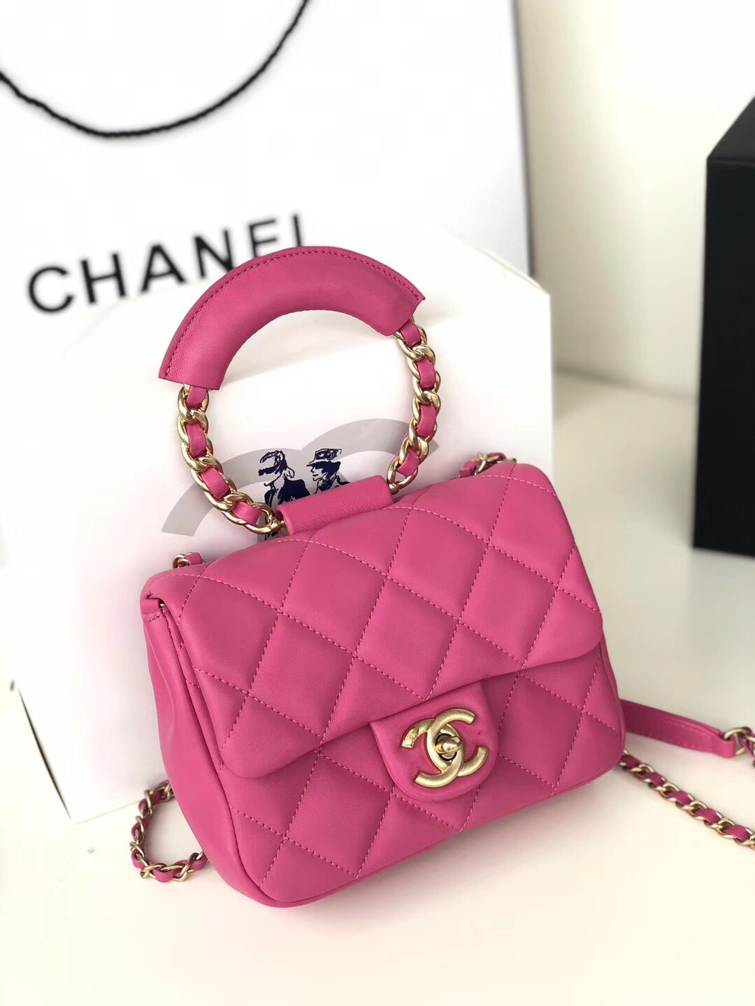 Ch**el small circular handle bag lambskin pink as1357 20 x 18 x 7.5 cm