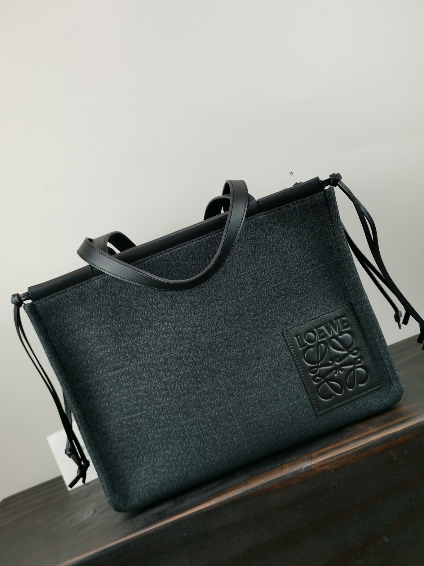 L0ew* small cushion tote anagram jacquard and calfskin black a612a93x25 32 x 24 x 16 cm