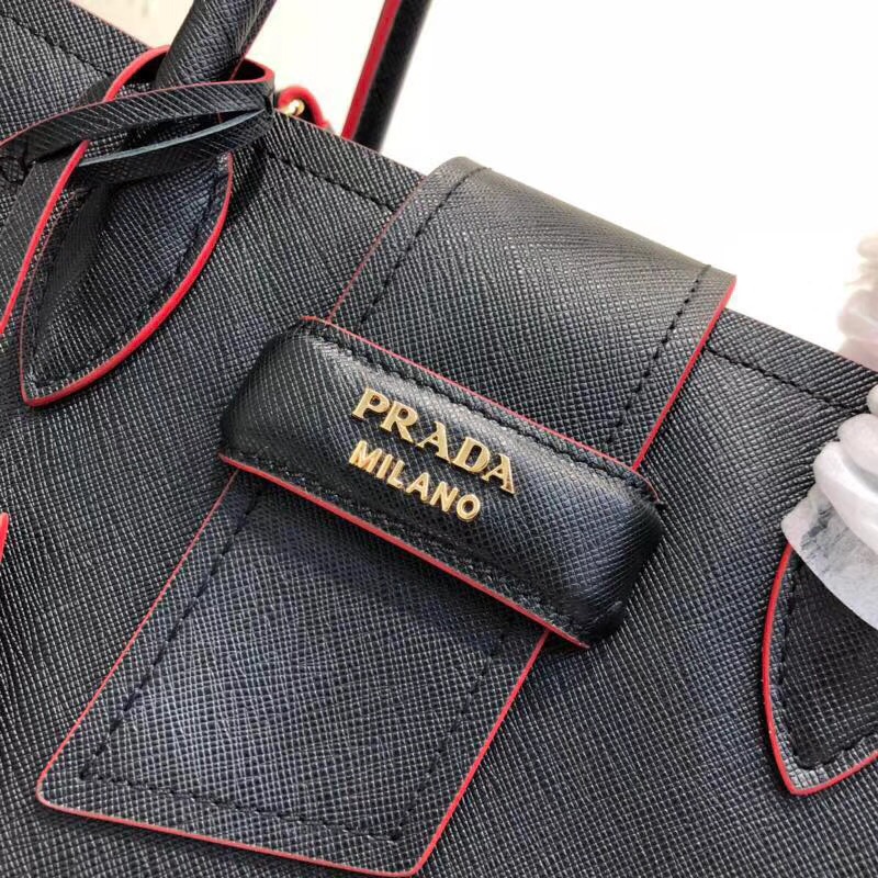 Pra*a top handle tote bag leather black/red 1bg148 33 × 24 × 14.5 cm
