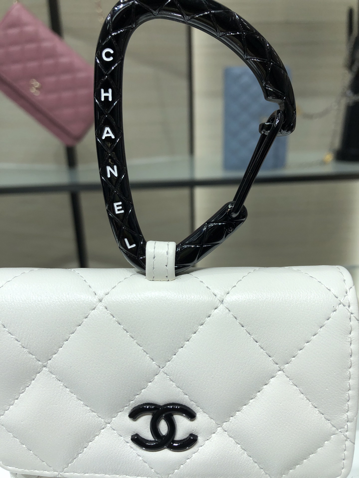 Ch**el card holder with jewel hook lambskin black metal white ap2397 11 cm