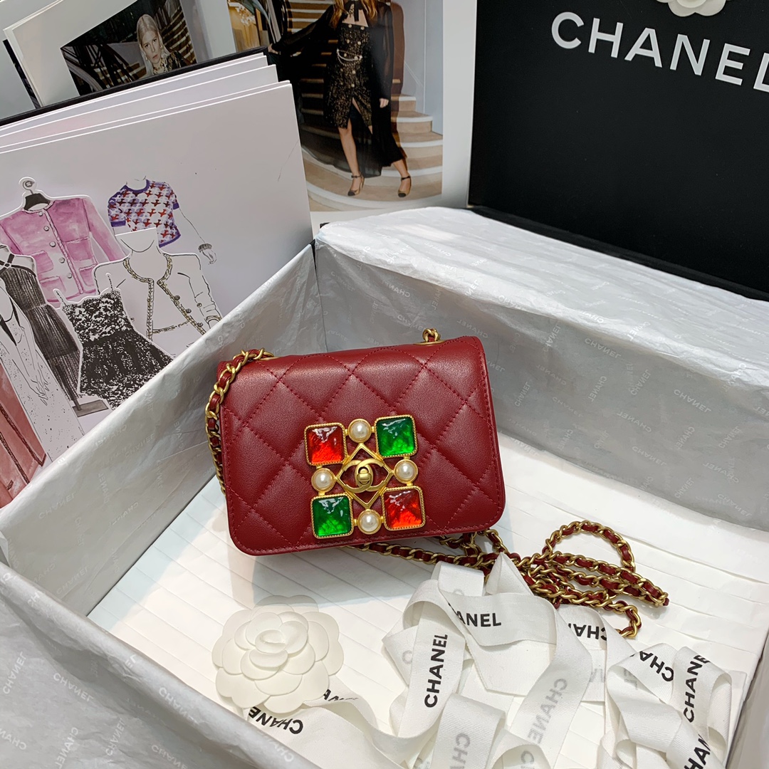 Ch**el small calfskin crystal pearls flap bag red as2251 14.5 x 5 x 10.5 cm