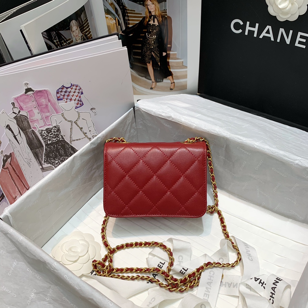 Ch**el small calfskin crystal pearls flap bag red as2251 14.5 x 5 x 10.5 cm
