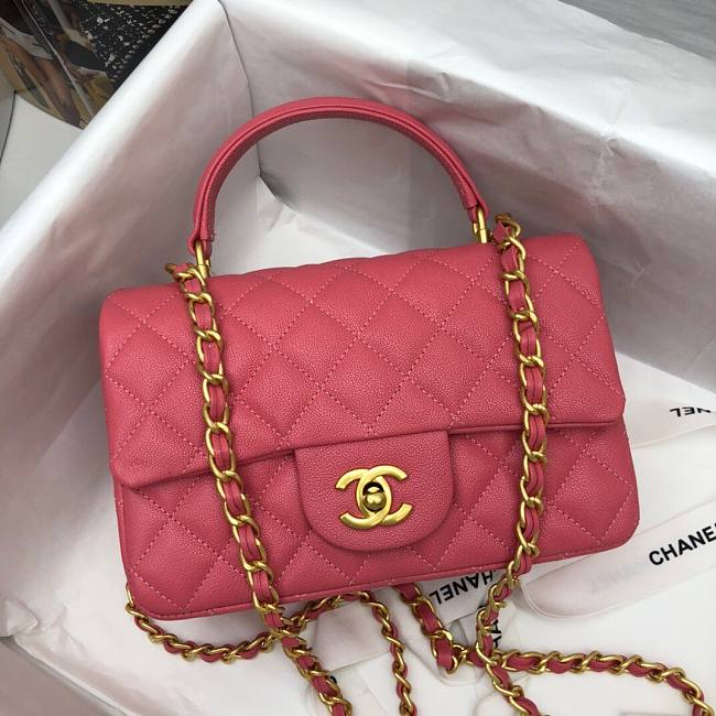 Ch**el mini flap bag with top handle grained calfskin pink as2431 20 x 14 x 7 cm