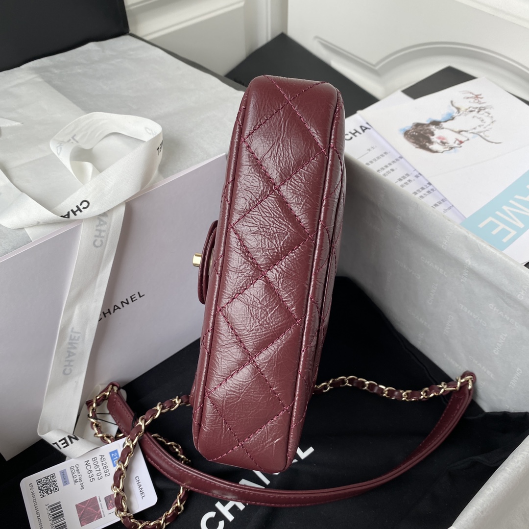 Ch**el mini flap bag with top handle crumpled leather red as2892 20 x 15 x 6.5 cm