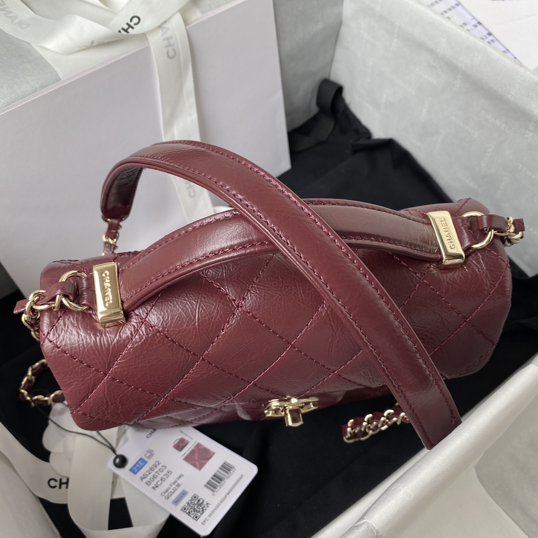 Ch**el mini flap bag with top handle crumpled leather red as2892 20 x 15 x 6.5 cm