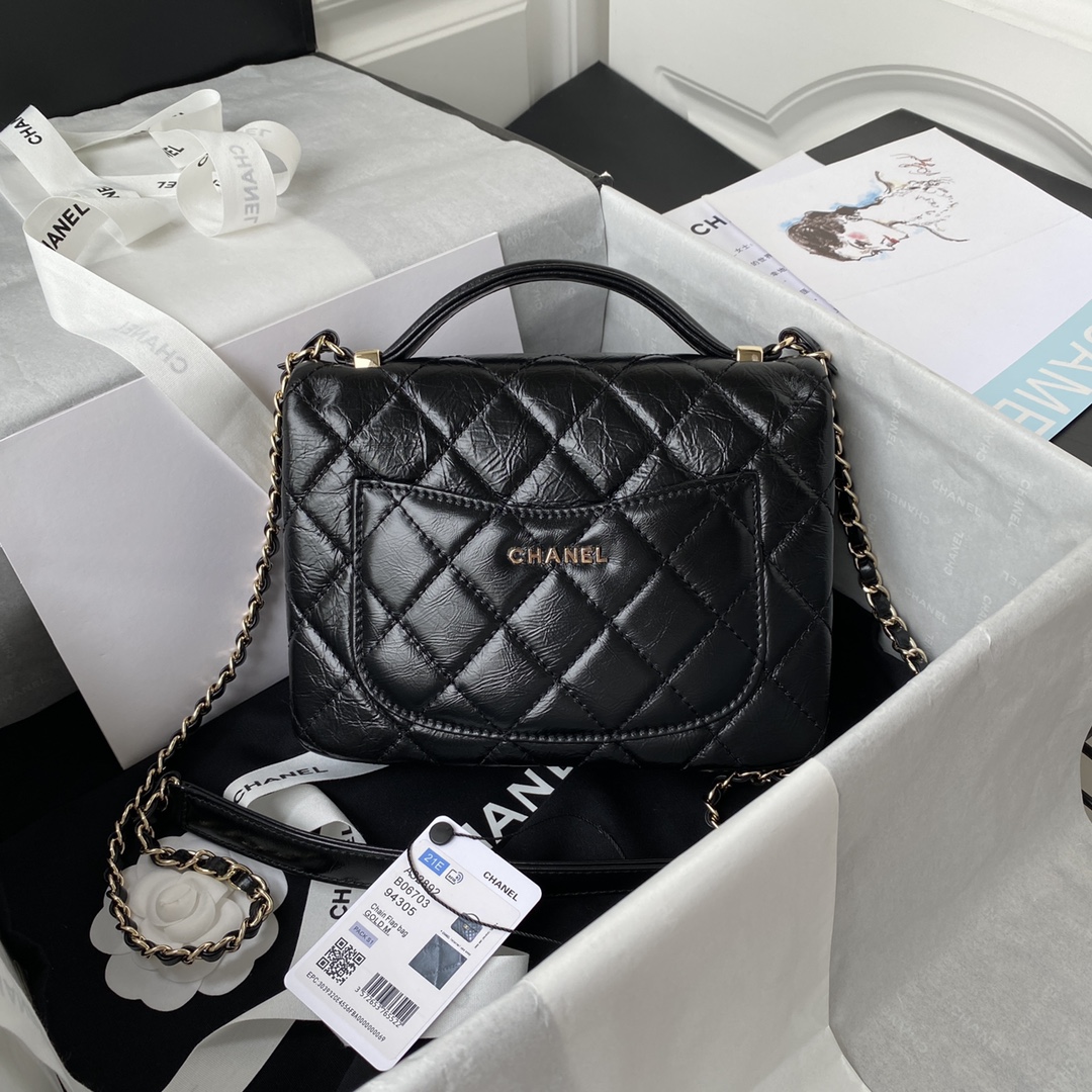 Ch**el mini flap bag with top handle crumpled leather black as2892 20 x 15 x 6.5 cm