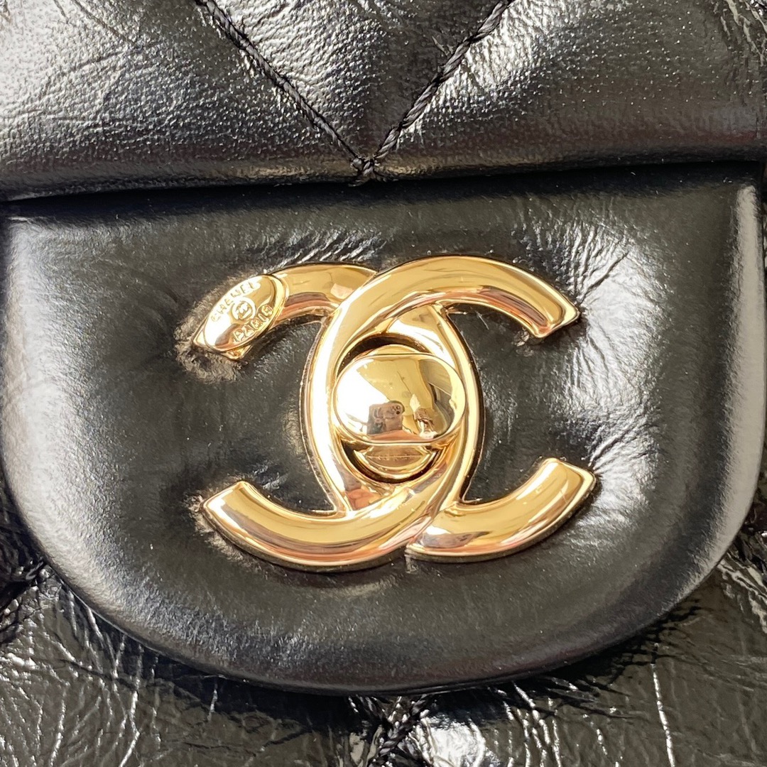 Ch**el mini flap bag with top handle crumpled leather black as2892 20 x 15 x 6.5 cm