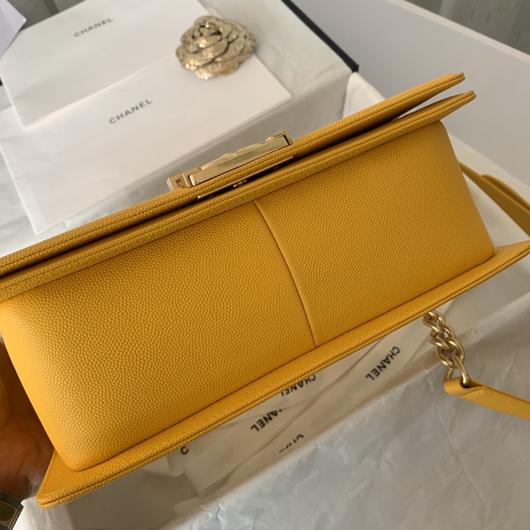 Ch**el medium boy bag classic gold-tone metal grained leather mustard yellow a67086 25cm