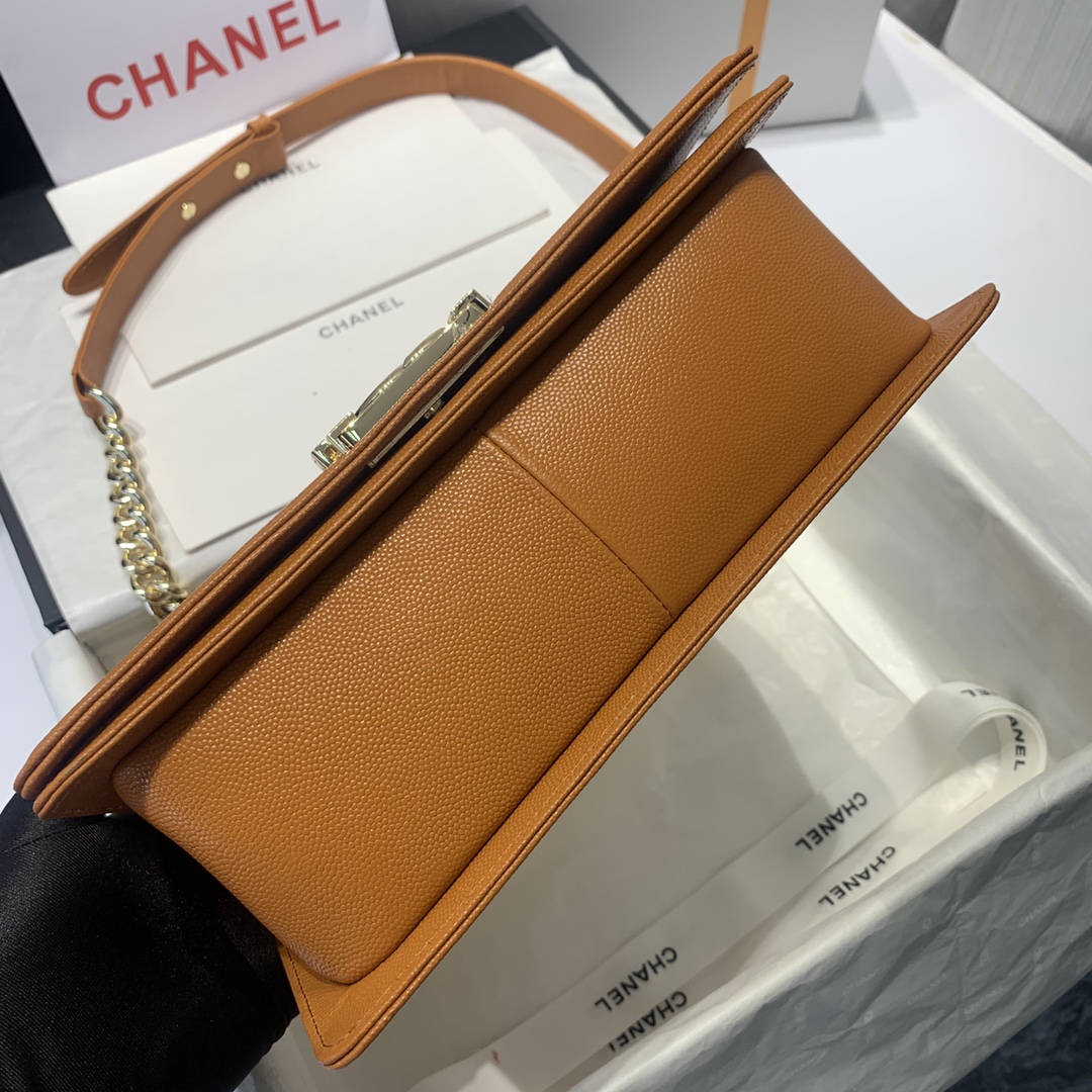 Ch**el medium boy bag classic gold-tone metal grained leather tan a67086 25cm