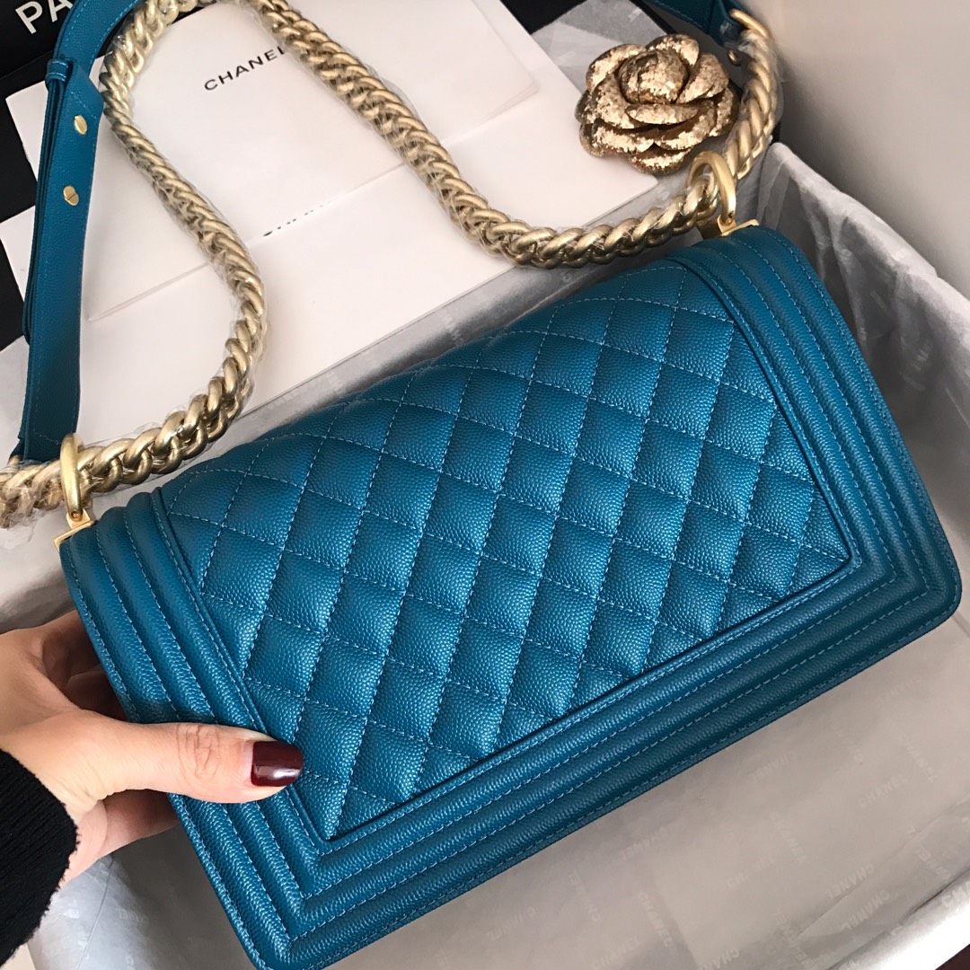 Ch**el medium boy bag classic gold-tone metal grained leather ocean blue a67086 25cm