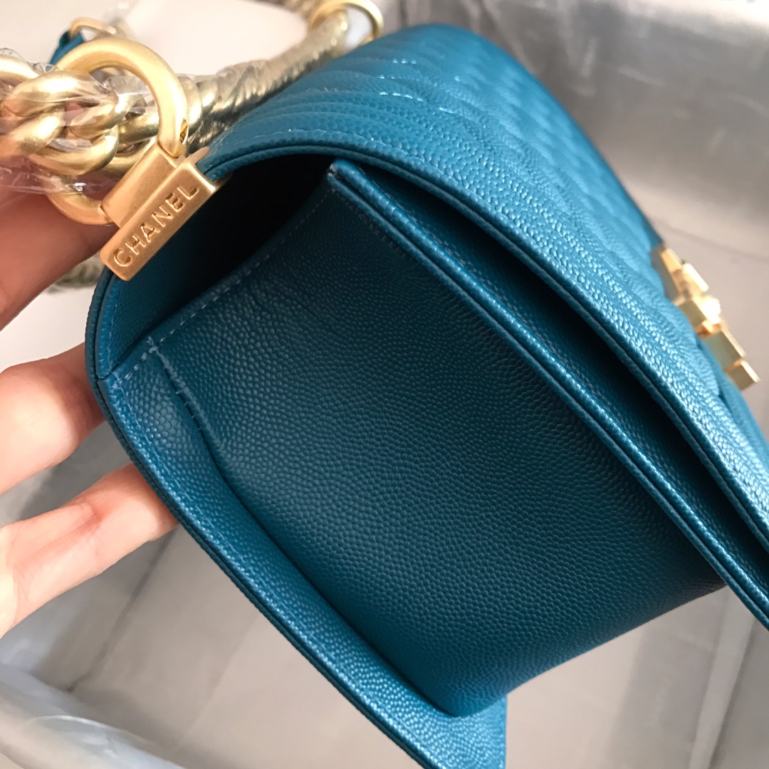 Ch**el medium boy bag classic gold-tone metal grained leather ocean blue a67086 25cm