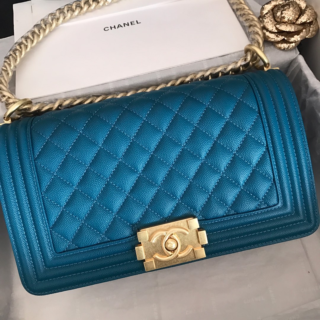 Ch**el medium boy bag classic gold-tone metal grained leather ocean blue a67086 25cm