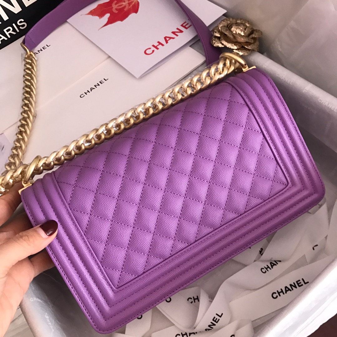 Ch**el medium boy bag classic gold-tone metal grained leather light purple a67086 25cm