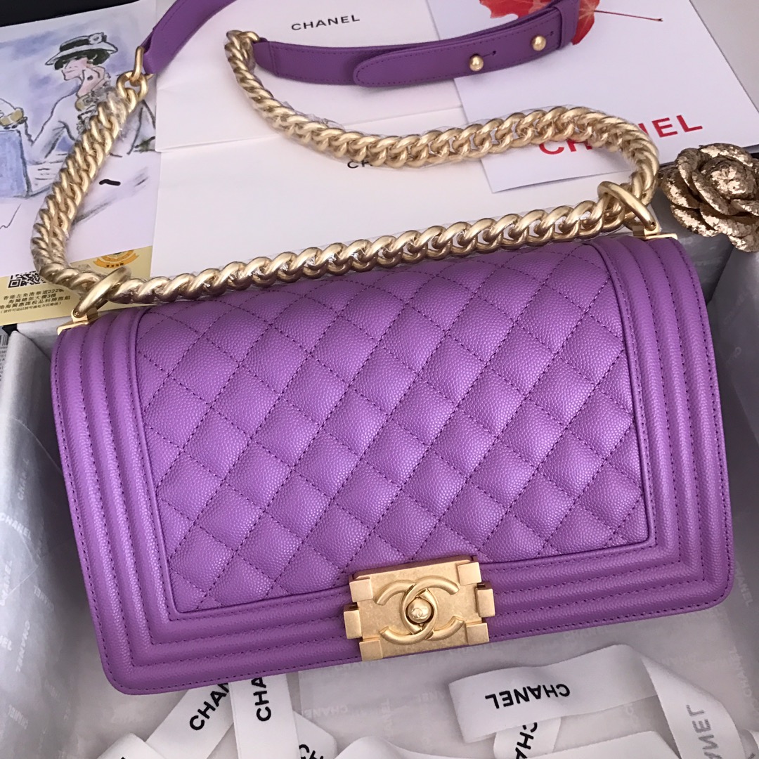 Ch**el medium boy bag classic gold-tone metal grained leather light purple a67086 25cm