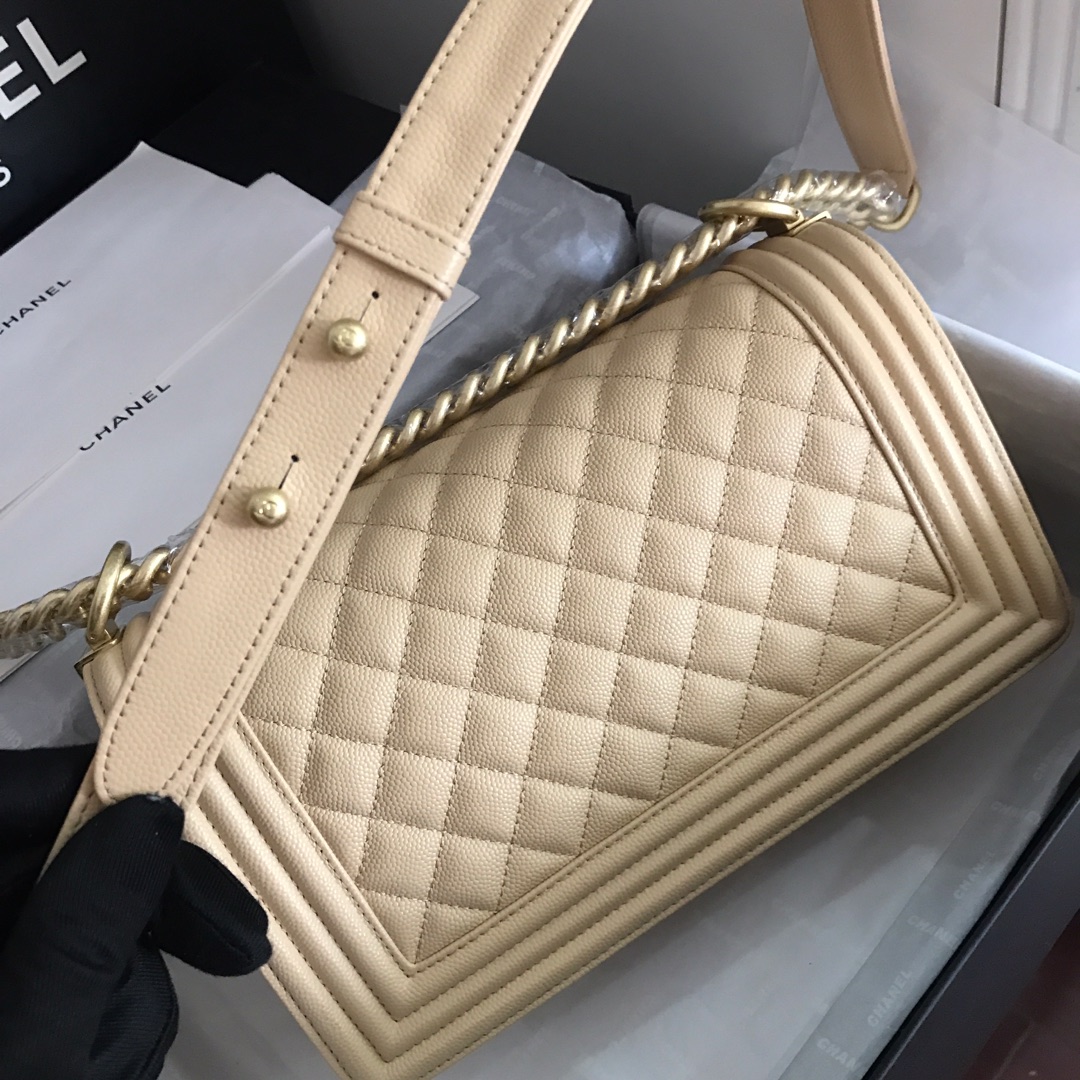 Ch**el medium boy bag classic gold-tone metal grained leather light beige a67086 25cm